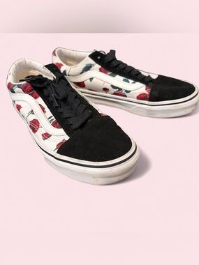 Vans Black & White Low-Top Sneakers with Red Rose Print